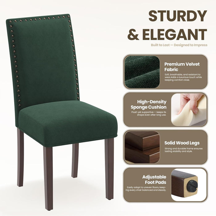 Green Velvet Dining Chairs Set of 2 – Upholstered Kitchen & Dining Room Chairs with Nailhead Trim, Soft High-Density Cushion and Solid Wood Legs for Dining Room, Kitchen, Living Room