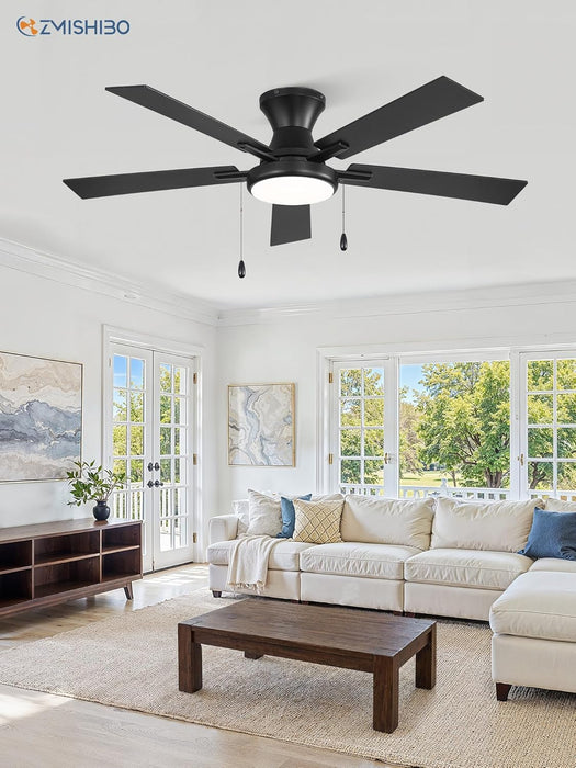52Inch Ceiling Fans with Lights, Low Profile Ceiling Fan with Pull Chain and Remote Control, Flush Mount, Reversible, Dimmable, Noiseless, Black Pull Cord Ceiling Fan for Bedroom