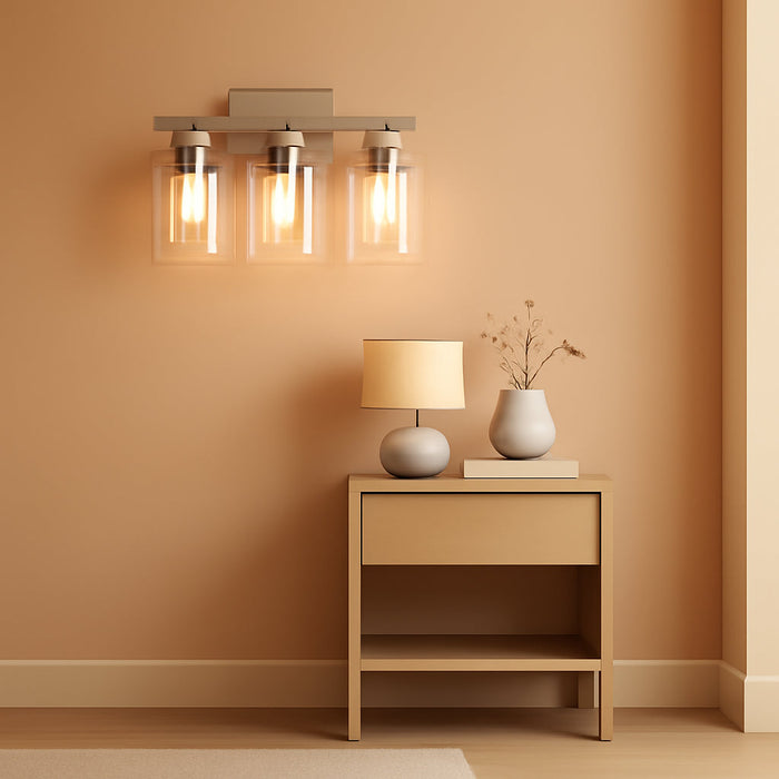 Bathroom Vanity Light Fixtures, 3 Light Wall Sconces Lighting with Clear Glass Shade, Brushed Nickel Wall Lights for Mirror, Kitchen, Living Room, Gallery, E26 Base (Bulbs Not Included)