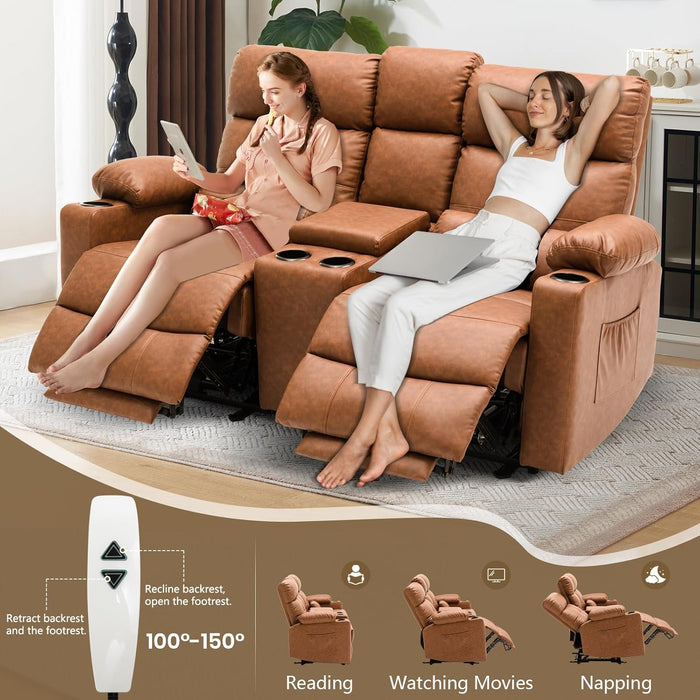 Power Loveseat Recliner Sofa with Console, Loveseat Reclining Sofa with Heat & Massage, Home Theater Seating with Lumbar Pillow for Living Room, RV Recliner Loveseat(Pu, Yellowish Brown)
