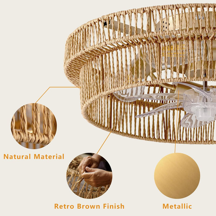 Rattan Boho Ceiling Fan with Light Flush Mount, 20 Inch Caged Ceiling Fans with Light and Remote Control, Low Profile Enclosed 6 Speeds for Bedroom, Nursery, Living Room, E26 Base (Brown)