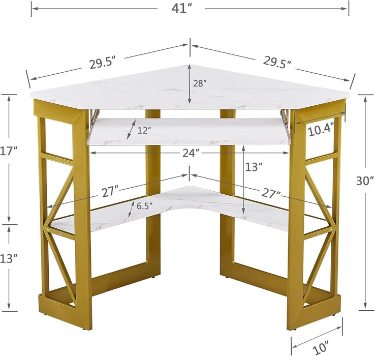 Corner Computer Desk 41 X 30 Inches with Smooth Keyboard & Storage Shelves for Home Office Workstation,White & Gold