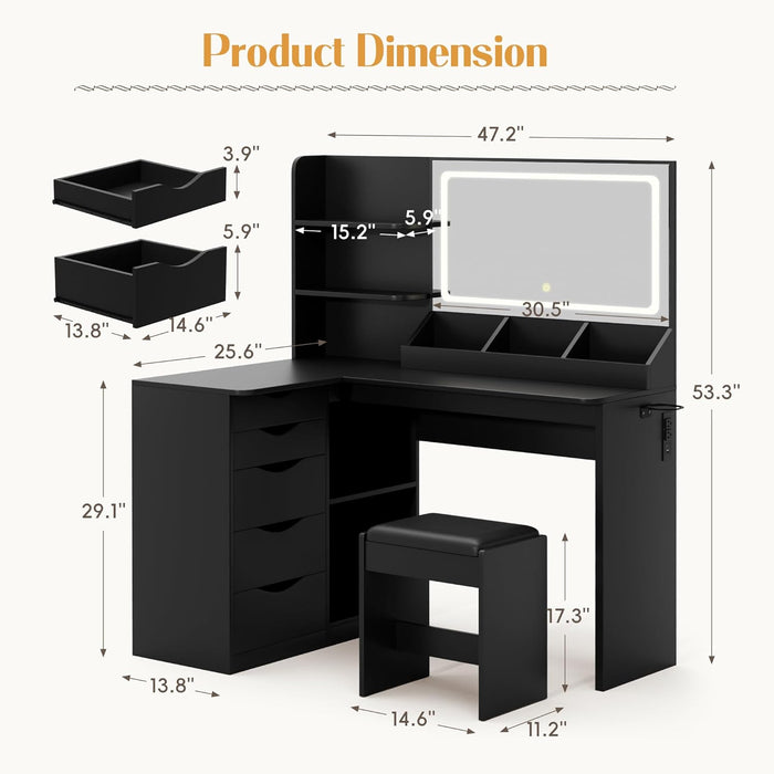 Vanity Desk with Lights and Mirror, L Shaped Makeup Table, Dresser with Hairdryer Holder and Power Outlet, Adjustable 3 Lighting Modes, 5 Drawers and Adjustabled Open Storage Shelves, Black