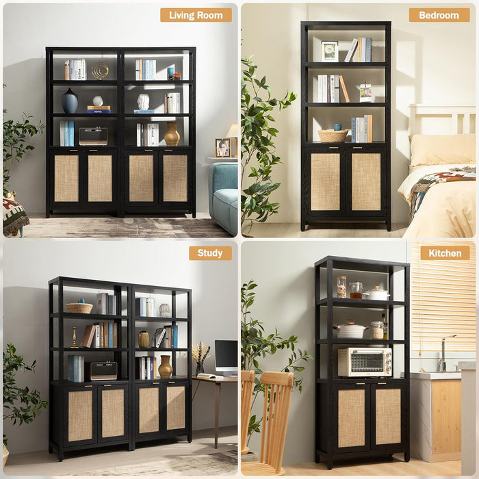 Rattan Boho 5 Tier BookshelfStorageUnit With Doors