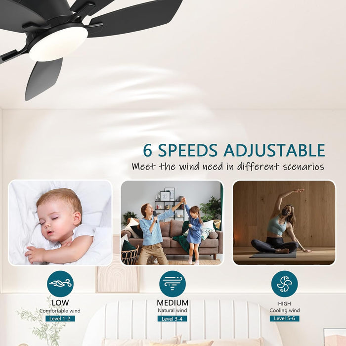 Ceiling Fans with Lights, 42 Inch Low Profile Ceiling Fan with Light and Remote Control, Flush Mount, Reversible Motor, Dimmable, Noiseless, Black Ceiling Fan for Bedroom, Indoor/Outdoor Use