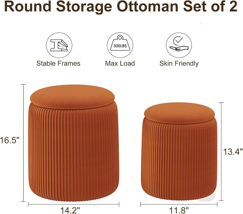 Orange round Storage Ottoman Set of 2, Large Velvet Ottoman with Storage, Multifunctional Vanity Stool, Small Pouf Ottomans Foot Stool, Storage Stools for Living Room, Bedroom