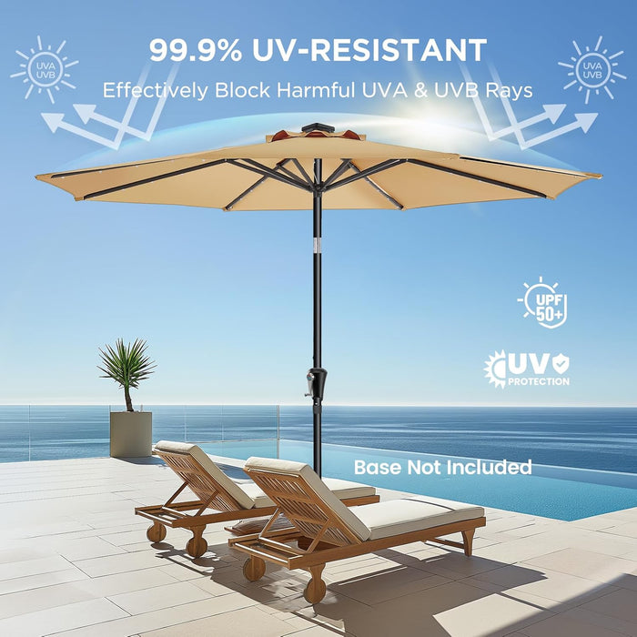 9Ft Solar Patio Umbrella - Solar Lights LED Lighted Outdoor Market Table Umbrella, UPF50+ UV Protection with Push Button Tilt, Crank for Pool Deck and Garden (Beige)