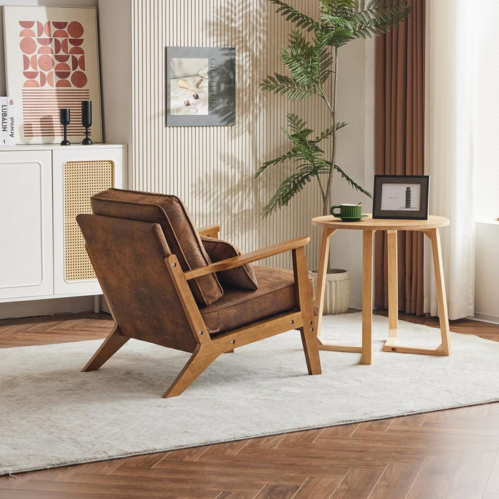 Accent Chair Wide Armrest Mid-Century Lounge Chair Bronzing Cloth Armchair with Lumbar Pillow & Solid Wood Frame for Living Room, Bedroom, Balcony, Brown