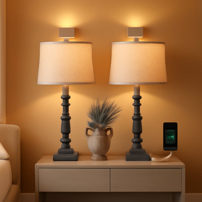 27.75" Farmhouse Table Lamps Set of 2, USB A+C, Rustic Tall Table Lamp for Living Room, Traditional Rustic Lamps Bedside Lamps for Bedroom Office End Table, Antique Grey