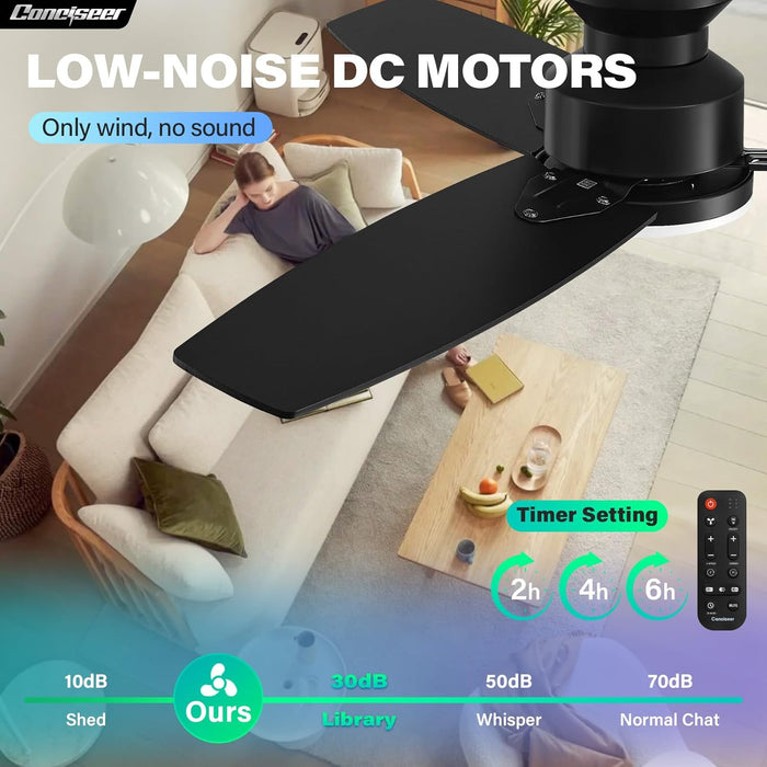 Modern 42 Inch Ceiling Fans with Lights and Remote for Bedroom Office, Flush Mount, 18W 6CCT Dimmable, Dual Color 3 Blades 6 Speed Reversible Quiet DC Motor, Black/Wood Grain