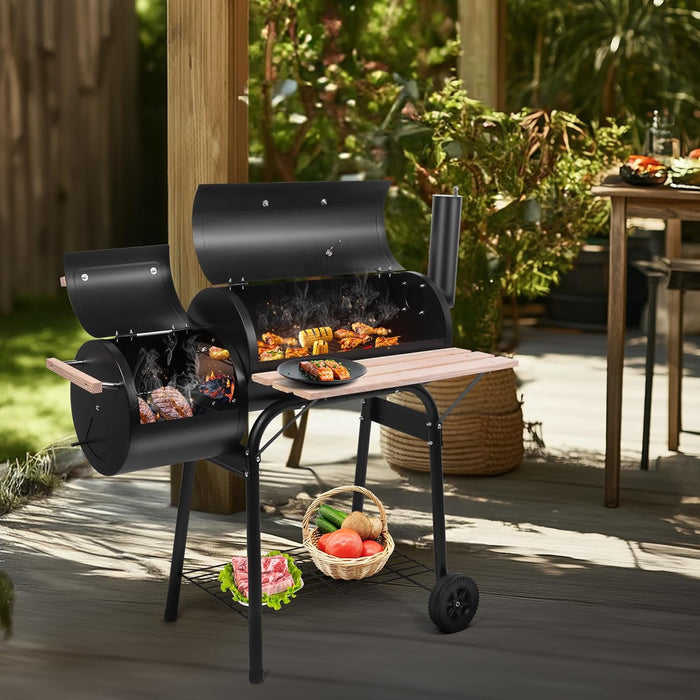 BBQ Charcoal Grill, Outdoor Patio Barbecue Cooker with Offset Smoker, Wheels and Tray for Balcony Picnics, Party and Camping