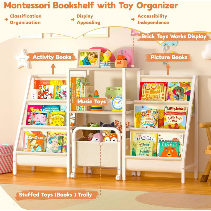 Kids Bookshelf and Toy Storage,2 Sided Montessori Bookshelf, Large Toddler Book Shelf with Movable Toy Bin,6 Tiers Baby Bookshelf,Sturdy Nursery Bookcase,Child Bookshelf for Playroom Classroom