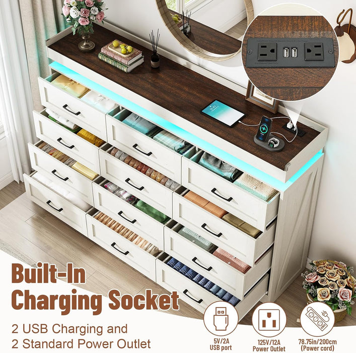 71" Wide 46" Tall Large Farmhouse 12 Drawers Dresser for Bedroom with LED Light and Power Outlets,Wood Rustic 12 Chests of Drawers for Closet,Tall Storage Dresser Organizer for Bedroom(White)