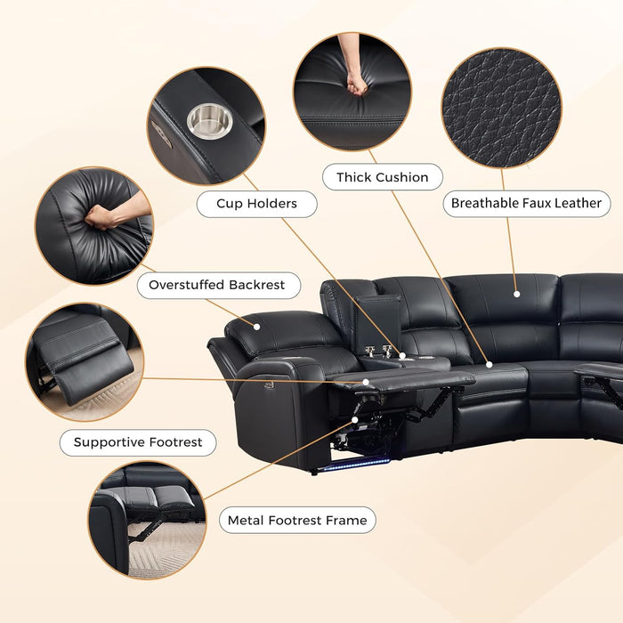 Power Reclining Sectional Sofa with LED Light, Faux Leather Sectional Couch for Living Room, Modern Corner Furniture Sets with 2 Recliner Seats, Cup Holders, Storage Console, Black