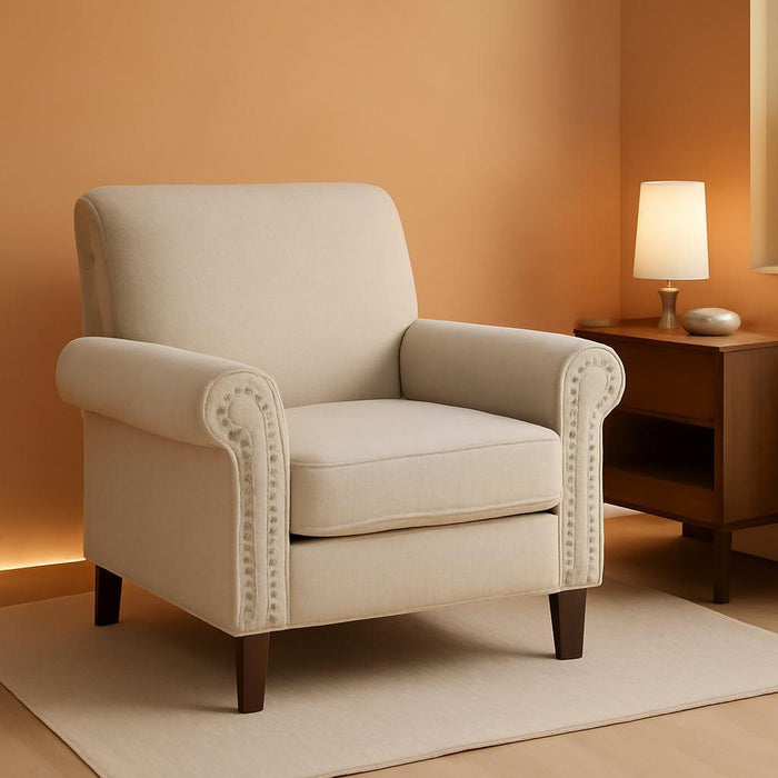 Comfy Accent Chair, Mid-Century Modern Fabric Living Room Chair Reading Chair with Soft Cushion, Nailhead Trim & Rolled Armrest, Arm Chair Sofa Chairs for Bedroom Waiting Room Office, Beige