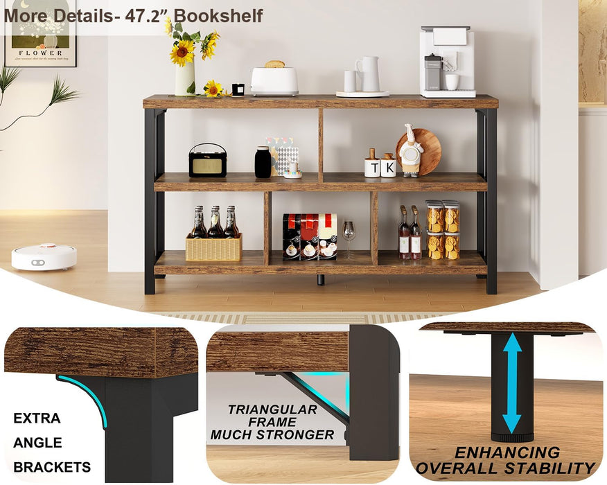 Low Book Shelf, Industrial Horizontal Bookcase, Rustic Brown, 47 Inch | Farmhouse 3 Tier Open Bookshelf, Long Wide 5 Cube Storage Organizer, Wood Metal Cubby Bookcase for Bedroom Living Office