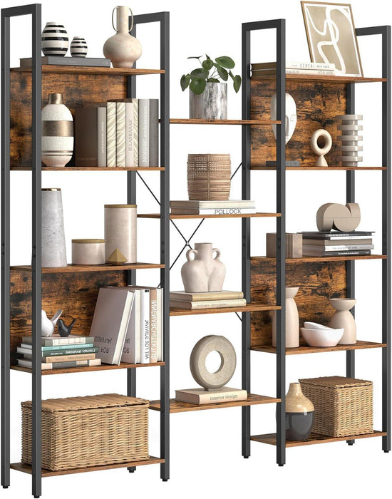 5-Tier Bookcase with 14 Shelves, Book Shelf with Metal Frame, Bookshelf for Living Room, Home Office, Industrial Style, 9.4 X 62.2 X 65.4 Inches, Rustic Brown and Black ULLS107B01