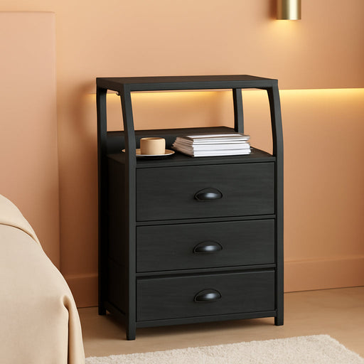 Black Night Stand, Small Dresser for Bedroom, Nightstand with 3 Fabric Storage Drawers and 2-Tier Shelf, End Table Side Furniture for Closet, Hallway, Nursery, Sturdy Steel Frame, Wood Top