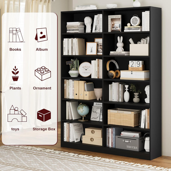 Bookshelf and Bookcase, 6-Tier Double Wide Bookshelves, Freestanding Display Storage Shelves, Tall Bookcases for Home Decor Bedroom, Living Room, Home Office,Black