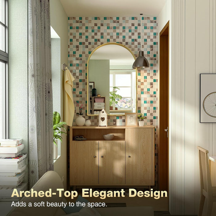 Gold Arched Mirror, 24 X 32 Inch Arch Wall Mirror, Brass Metal Frame Bathroom Mirror, Arched Top Bathroom Vanity Mirror for Living Room Bedroom Mantel Entryway Hallways