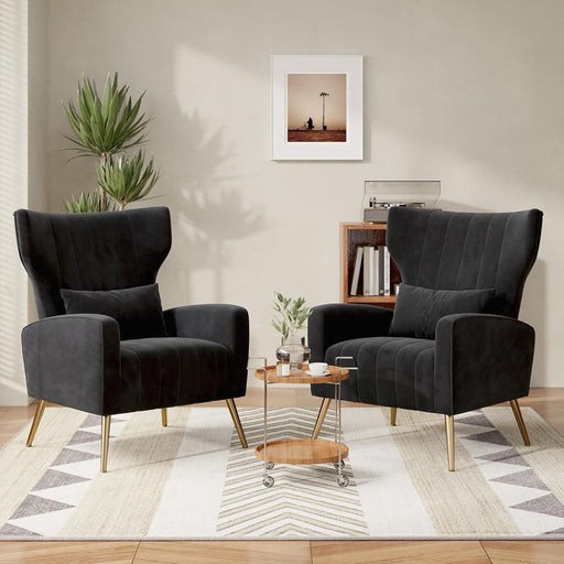 Black Velvet Wingback Chair Upholstered With Pillow