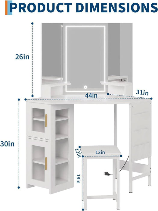 Corner Vanity Desk and Stool, Corner Makeup Vanity with LED Lighted Mirror Charging Station and Cabinet for Bedroom, White