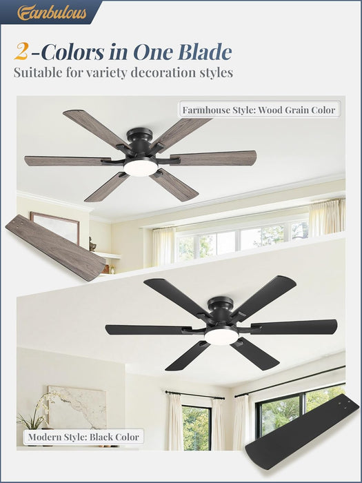52 Inch Ceiling Fan with Lights, APP & Remote Control, Flush Mount Low Profile Black Ceiling Fan, 3000-6000K Dimmable LED, Quiet Reversible Motor, 6 Blades, 6 Speeds, for Bedroom Living Room