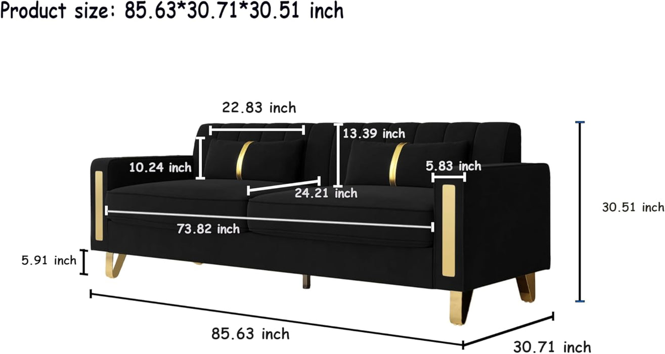 Loveseat Couch for Living Room, 86" Black Velvet Sofa Couch with 2 Pillows & Gold Metal Legs, Modern Upholstered Sofa Love Seat Sectional Couches for Apartment Home Office