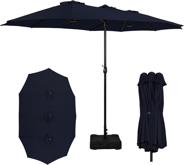 15FT Extra Large Patio Umbrella with Base Included, Heavy Duty Rectangle Outdoor Double-Sided Market Umbrella with 12 Strong Ribs for Patio, Garden, Lawn, Deck & Pool