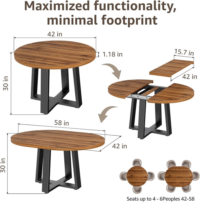 Extendable round Dining Table Wood Circle to Oval Kitchen Table for 4 to 6 People with Black Cross Metal Legs Modern Rustic Walnut Dinner Table Space Saving Furniture