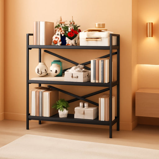 3 Tier Bookshelf 31.49" Width, Wood and Metal Etagere Bookcase, Vintage Farmhouse Modern Wooden Big Book Shelf for Home Living Room Bedroom Office Storage(Black)