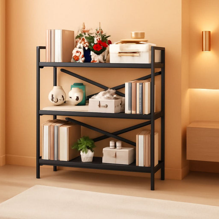 3 Tier Bookshelf 31.49" Width, Wood and Metal Etagere Bookcase, Vintage Farmhouse Modern Wooden Big Book Shelf for Home Living Room Bedroom Office Storage(Black)