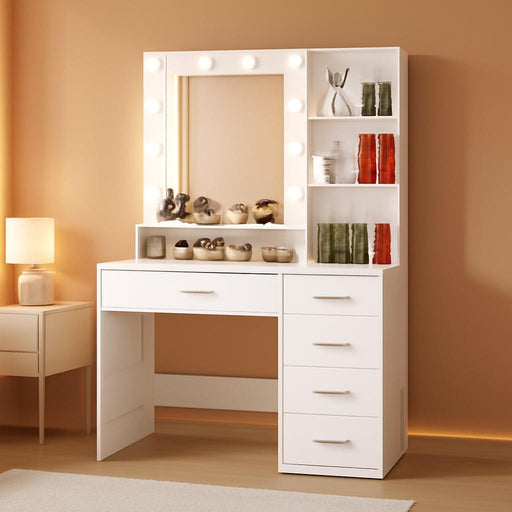 Vanity Desk with Mirror and Lights, Makeup Vanity with 5 Drawers and 3 Storage Shelves, 3 Color Modes & Adjustable Brightness Dressing Table, Vanity for Girls, White