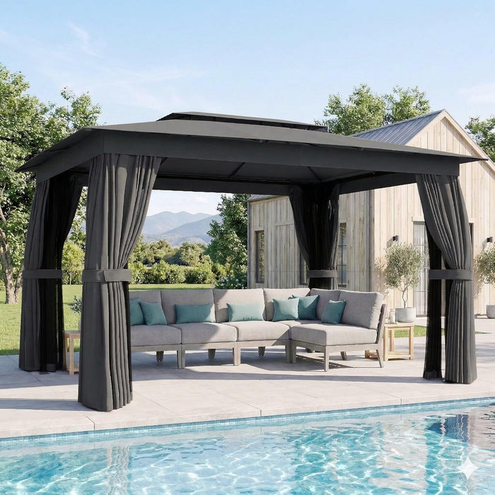 10' X 12' Outdoor Patio Gazebo, Heavy Duty Gazebo Canopy Shelter with Double Roof, Curtains, Netting, Steel Frame, UPF30+ Protection, Ceiling Hooks for Lawn, Backyard, Deck, Dark Gray
