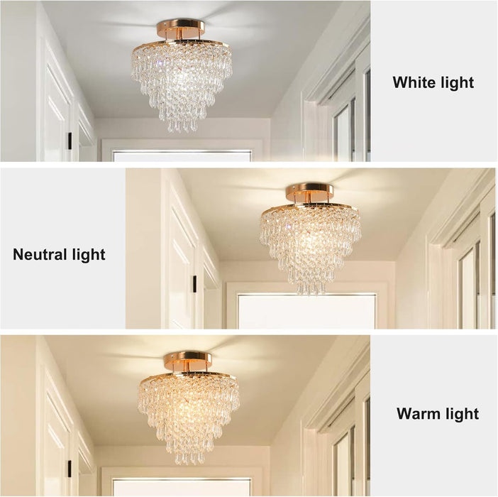11.8" Crystal Chandelier Gold Crystal Flush Mount Ceiling Light 5 Tiers Raindrops Crystal Pendant Lighting Fixture for Bedroom Hallway Living Room E26 Base