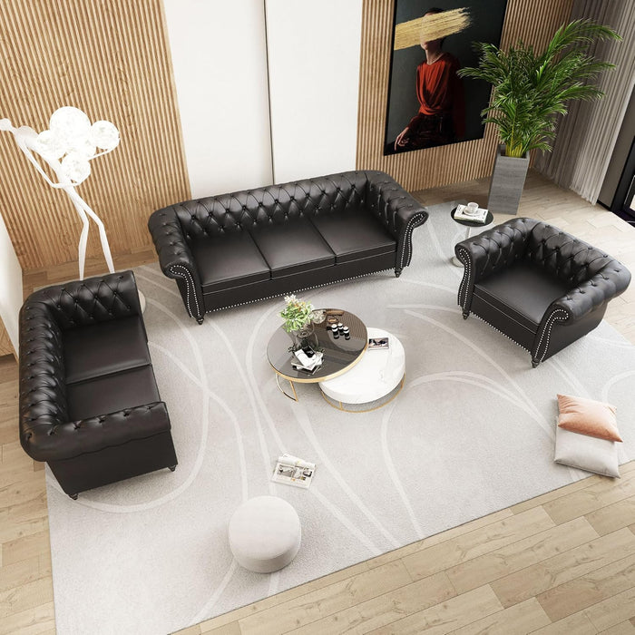 3 Piece Living Room Set, Sectional Chesterfield Sofa Chair Contemporary Upholstered Artificial Leather Loveseat Couch Sets for Living Room, Bedroom, Office (Black)