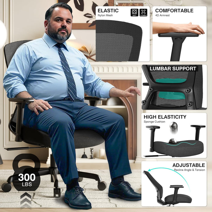 Ergonomic Mesh Office Chair,Comfy Computer Desk Chair- BIFMA 5.1 Certified Commercial Swivel Task Chair for Home Office-Adjustable Lumbar Support & Armrests,Tilt Function,Wide Seat(Noir Black)