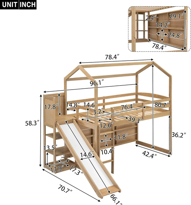 Twin EngineeredWood Loft Bed With Slide StorageShelves