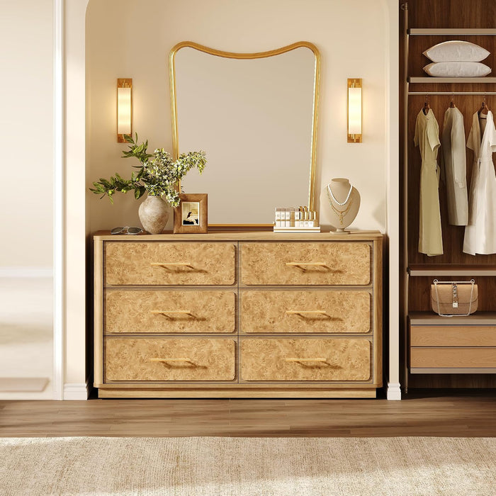 55" Extra Wide Dresser for Bedroom - Burl 6 Drawer Chest of Drawers