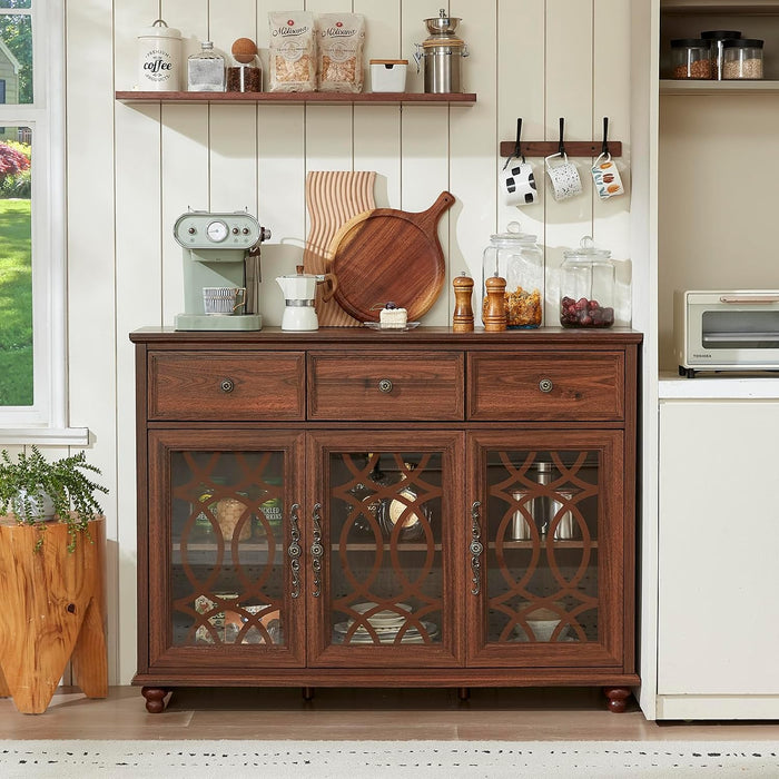 Farmhouse Sideboard Buffet Cabinet with Storage,48" Large Credenza with 3 Glass Doors & 3 Drawers,Adjustable Shelves Console Table,Wood Kitchen Coffee Bar for Dining Room,Living Room,Brown