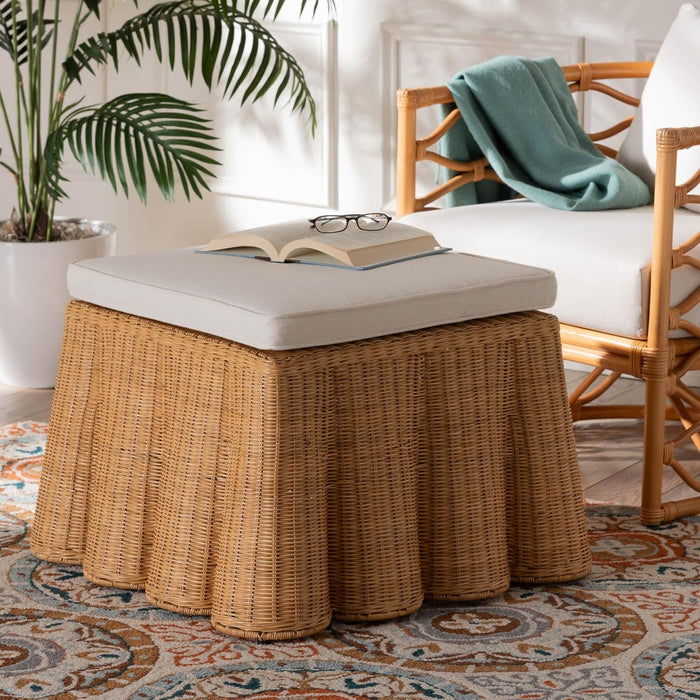 Palm Bohemian Honey Scallop Rattan Ottoman