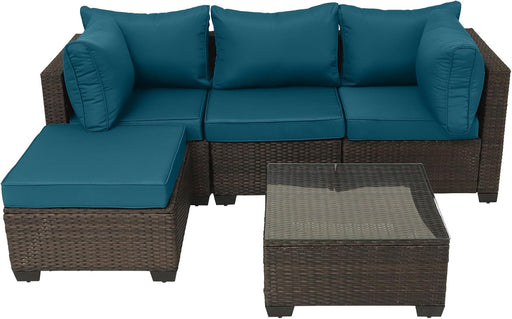 Patio Furniture Sets Outdoor Furniture Wicker Patio Conversation Set Outdoor Sectional for Backyard Lawn Poolside W Cushions and Glass Table (Brown-Peacock Blue, Z-5Pcs)