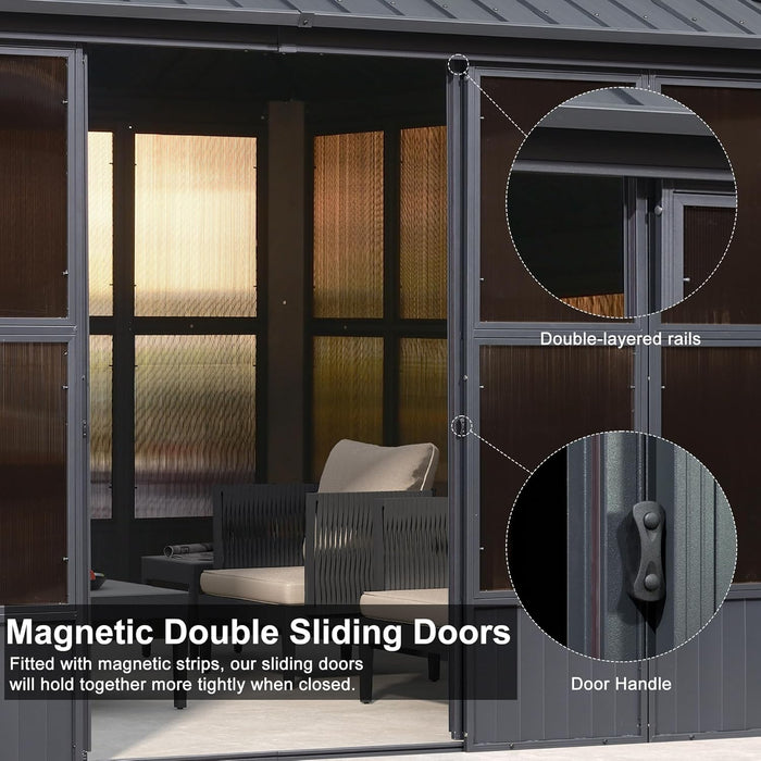 12' X 16' Solarium Sunroom Permanent Hardtop Gazebo Galvanized Steel Double Roof Aluminum Outdoor Screen House for Lawn Deck Backyard Grey