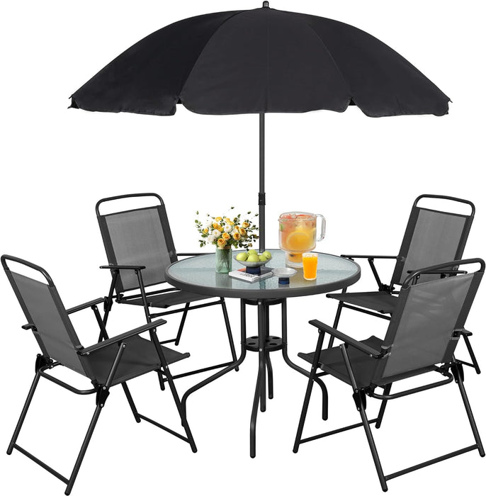 6 Piece Folding Patio Dining Set,Small Metal Outdoor Garden Patio Table and Chair Set W/Umbrella for Lawn,Deck,Backyard,Black