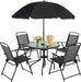 6 Piece Folding Patio Dining Set,Small Metal Outdoor Garden Patio Table and Chair Set W/Umbrella for Lawn,Deck,Backyard,Black