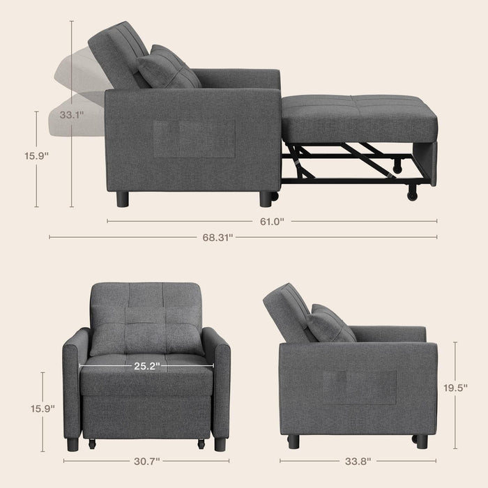 Dark Gray Sleeper Chair Bed ThreeInOneConvertible ModernLinenFabricSofa
