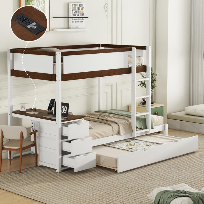 Twin over Twin Bunk Bed Twin Size Trundle, Wood Twin Bunk Bed with USB Ports, Storage and Desk, White+Walnut