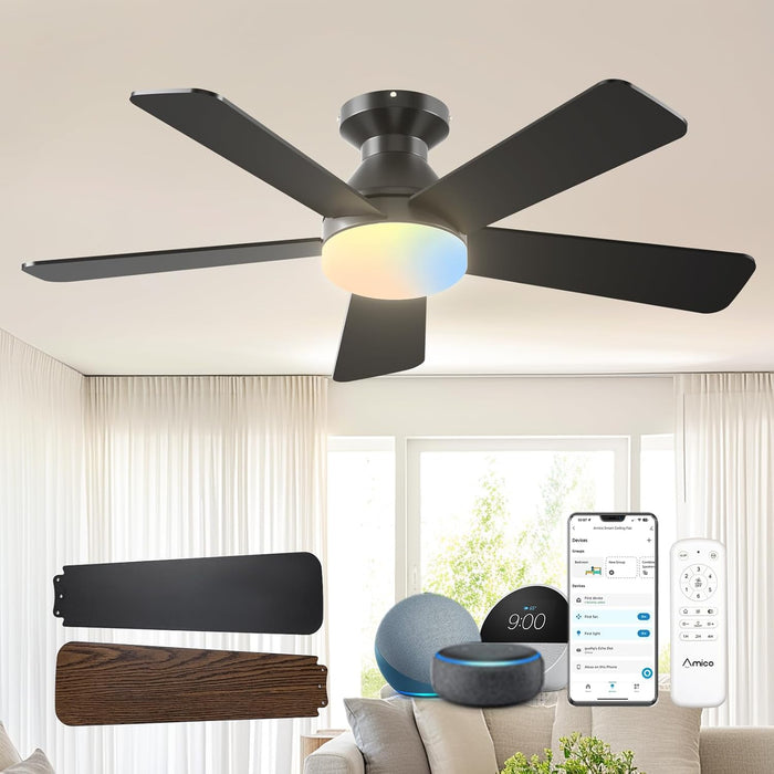 42 Inch Smart Ceiling Fans with Lights, Small Low Profile Ceiling Fan, Remote/Alexa Voice Control, Flush Mount, Reversible DC Motor, 5 Blades, 6 Speeds, 3CCT, Dimmable, Noiseless, Bedroom, Black
