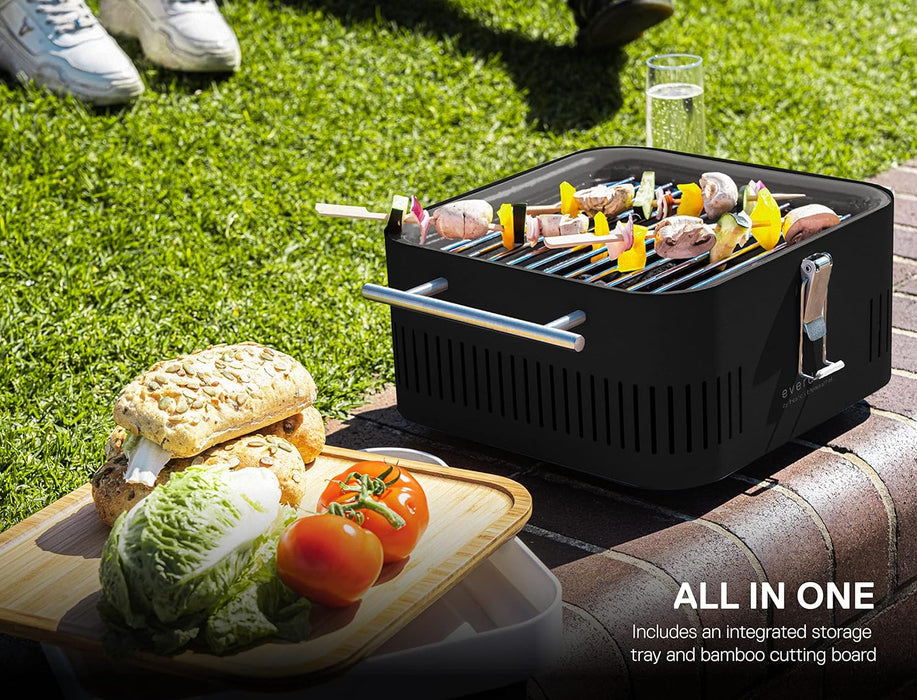 CUBE Portable Charcoal Grill, Tabletop BBQ, Perfect Tailgate, Beach, Patio, or Camping Grill, Lightweight & Compact Small Grill with Preparation Board & Food Storage Tray, Matte Black