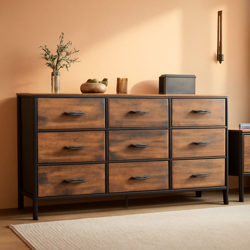 9 Drawer Dresser, 47 Inch Dresser TV Stand for 50, 55 Inch TV, Entertainment Center with Drawers, Fabric Dresser Chest of Drawer for Bedroom, Closet, Rustic Brown